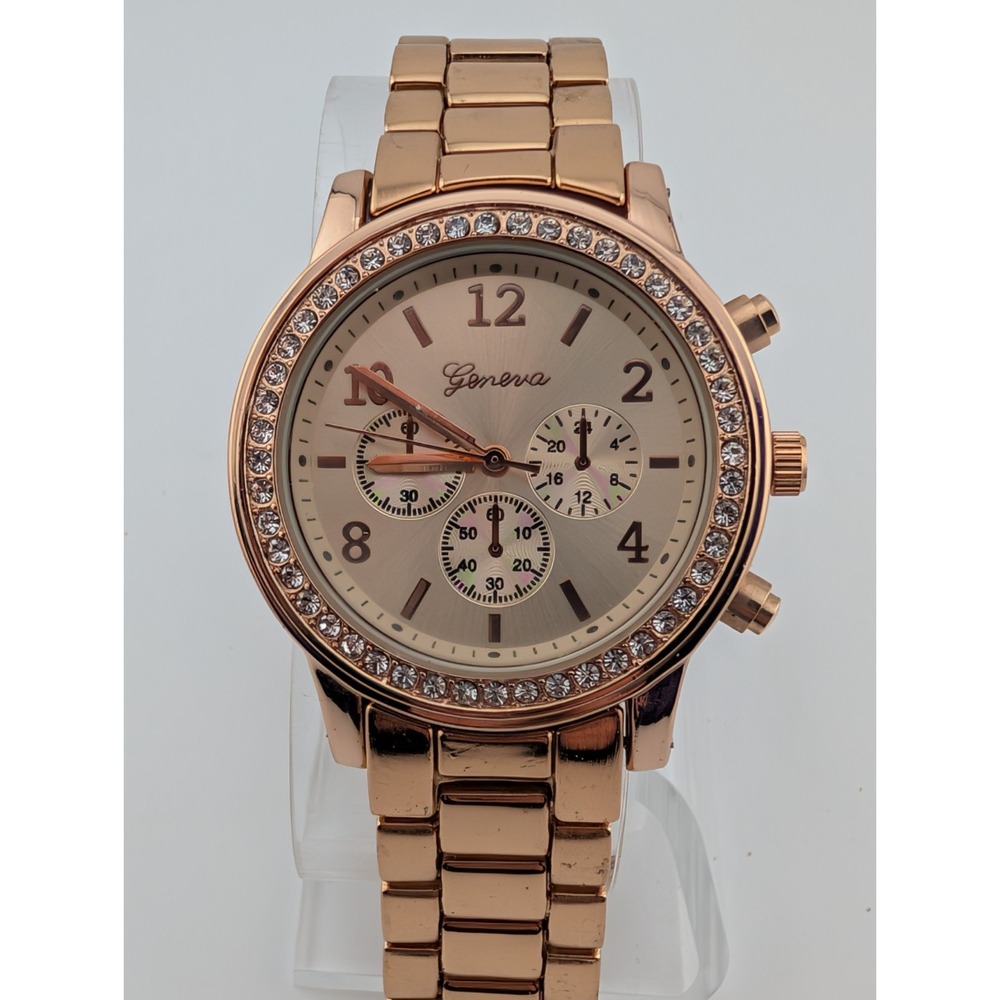 Geneva Watch‎ Women Rose Gold 37mm Bling Pave Bezel 7" Band- New Battery